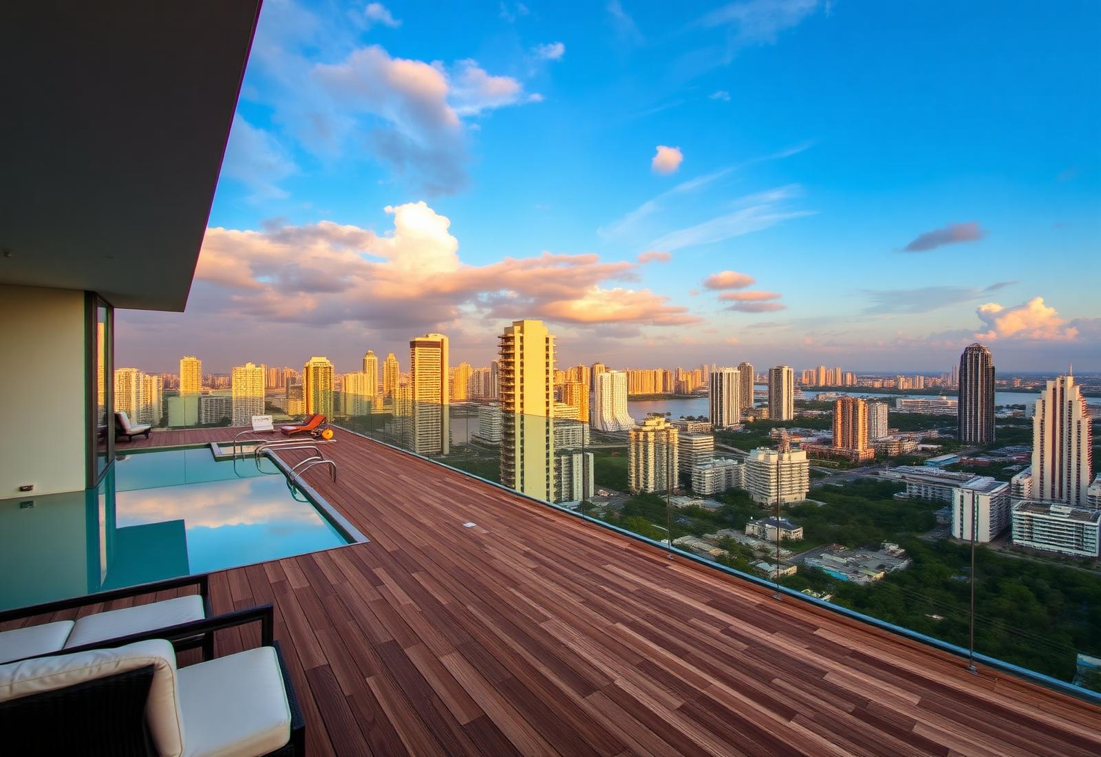 Terraza con piscina infinita sobre la ciudad