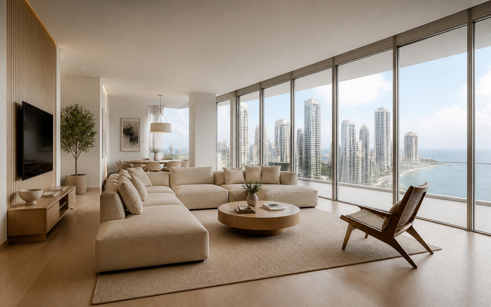 Sala de un apartamento terminado en Ciudad de Panamá con vista al Pacífico