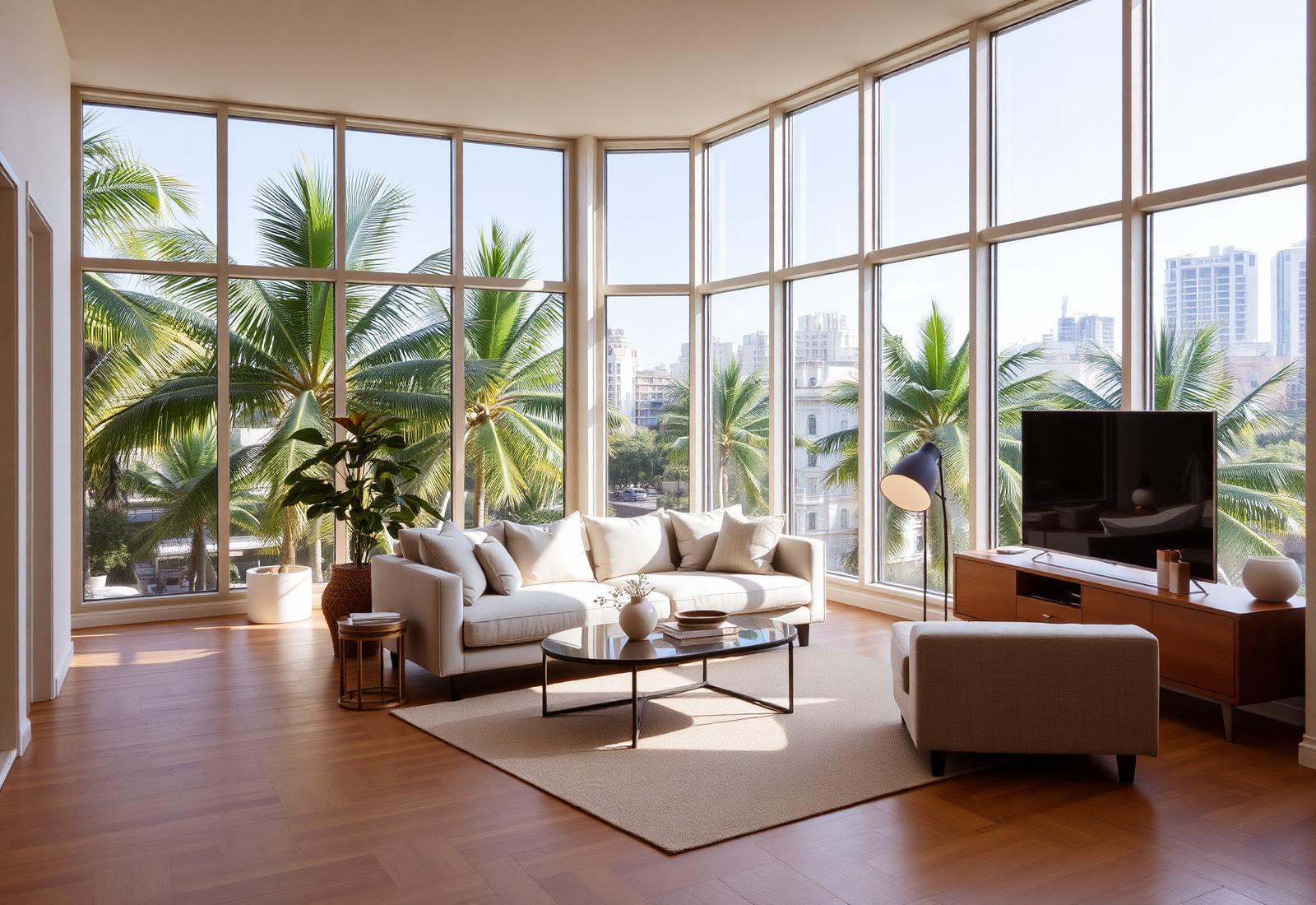 Sala luminosa con ventanales de piso a techo